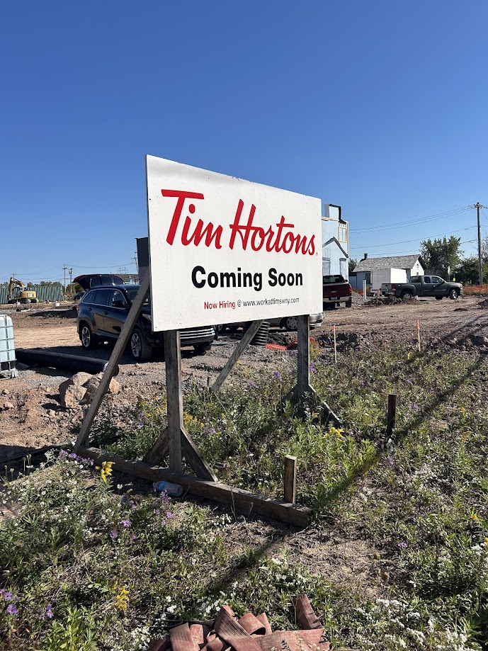 Construction progress of the new Tim Hortons restaurant at 9580 Lockport Rd., Niagara Falls, NY β located on the border of Niagara Falls and Lockport β with framing underway and building structure taking shape.