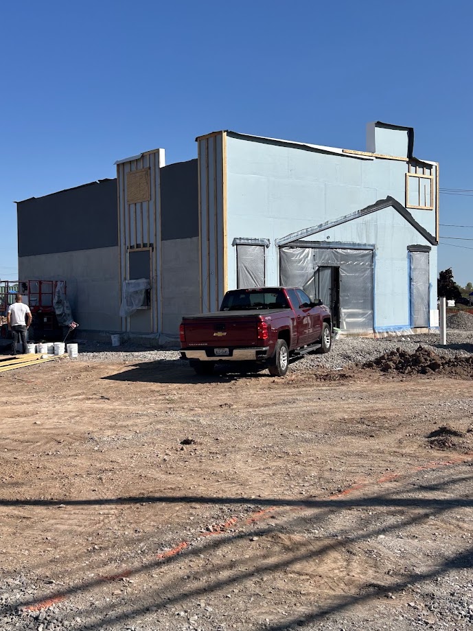 Construction progress of the new Tim Hortons restaurant at 9580 Lockport Rd., Niagara Falls, NY β located on the border of Niagara Falls and Lockport β with framing underway and building structure taking shape.